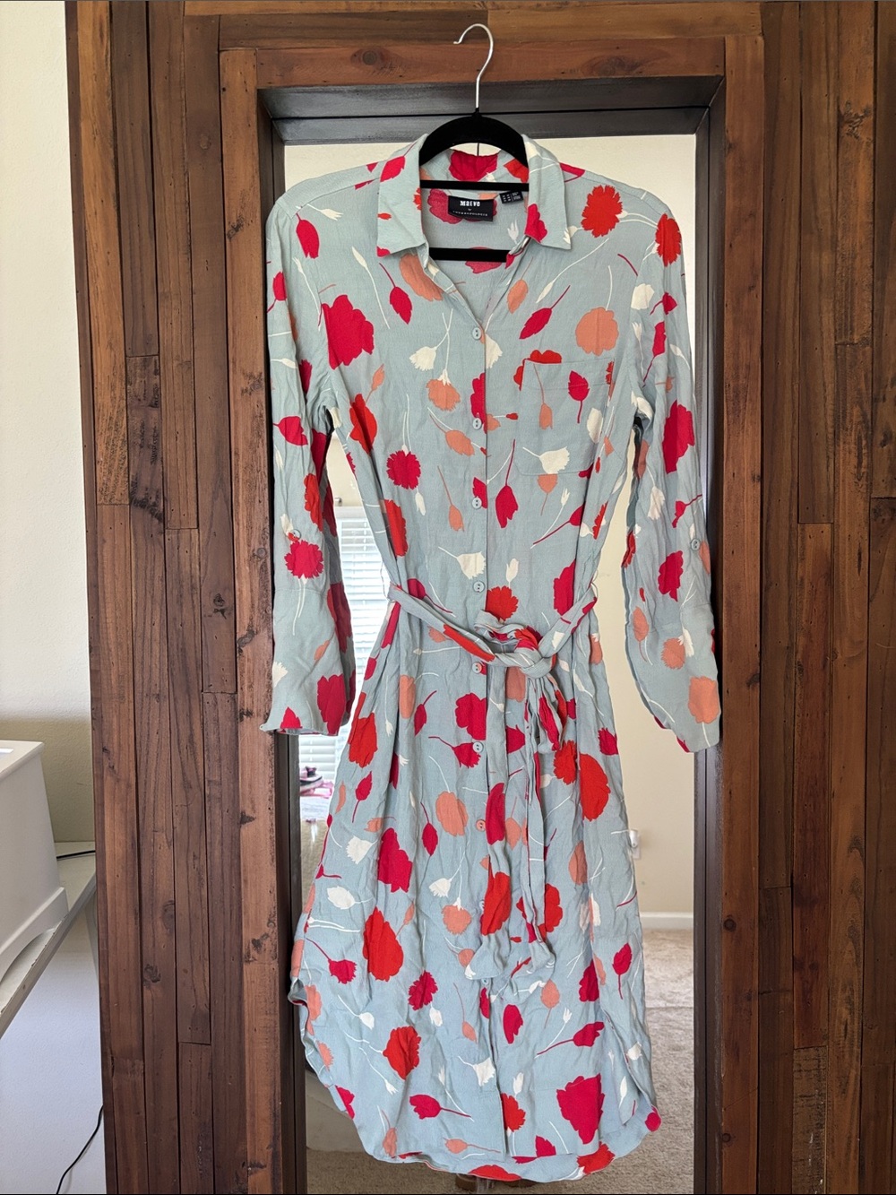Maeve Light Blue Long Sleeve Floral Shirt Dress with Red & Peach Blooms